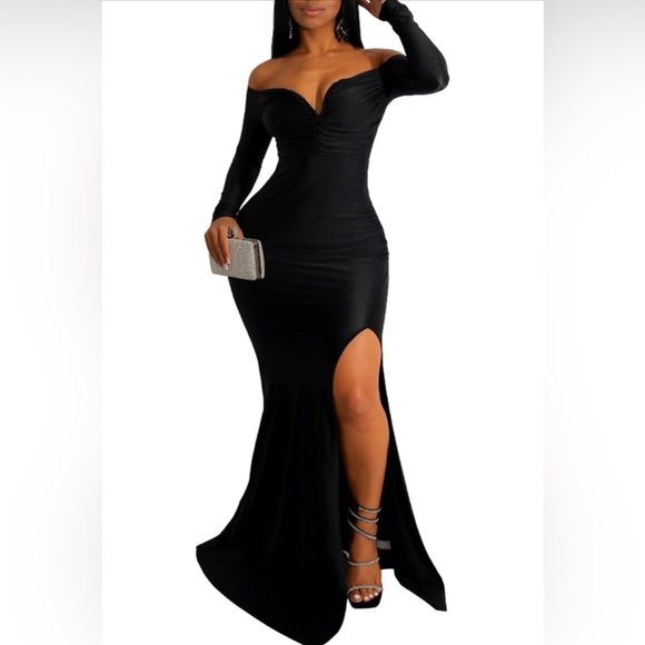 Women's Sexy Formal Dresses Off The Shoulder Long Sleeve High Split Gown - Picture 2 of 3